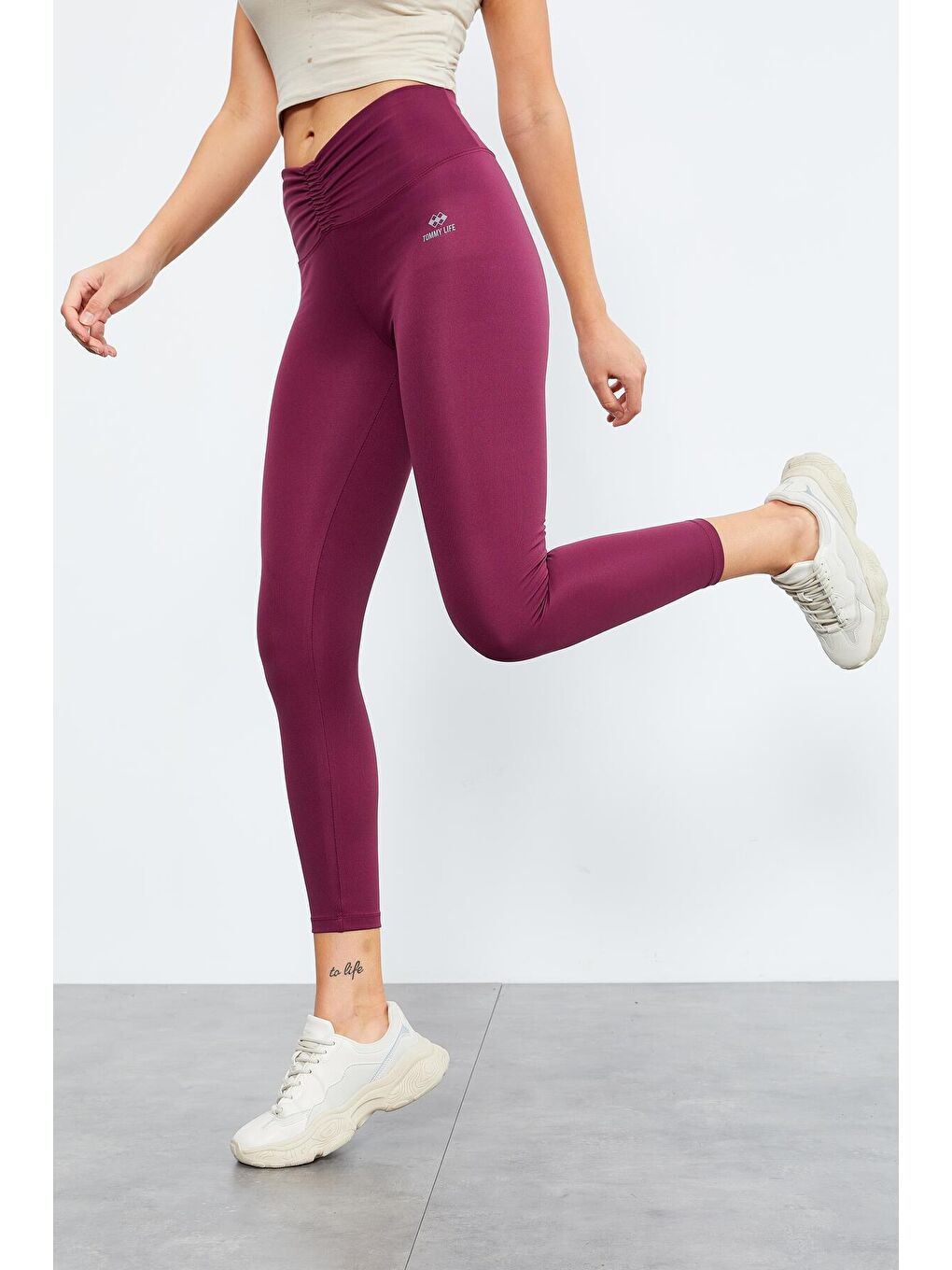 Bordo Beli Büzgülü Yüksek Bel Streç Slim Fit Kadın Tayt - 94605-1