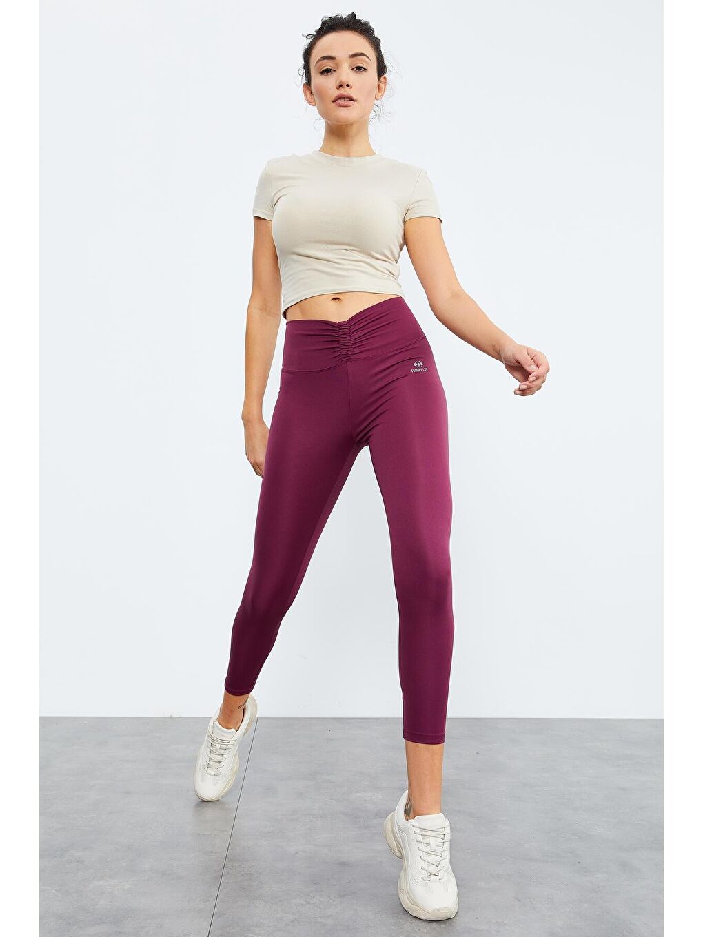 Bordo Beli Büzgülü Yüksek Bel Streç Slim Fit Kadın Tayt - 94605-2