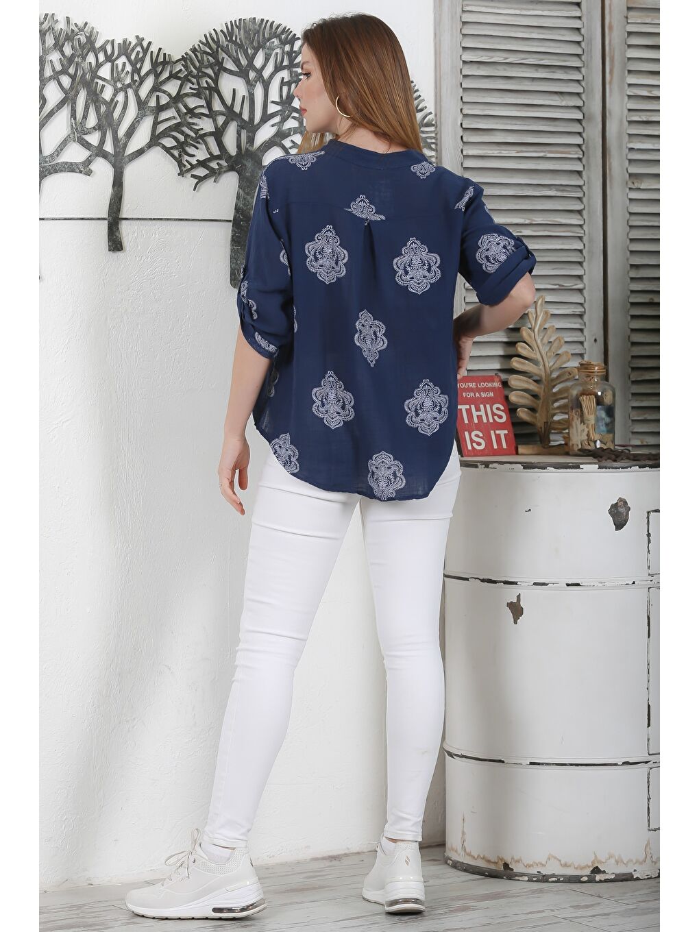 Yeşil İtalyan Açık Limon Hakim Yaka Düğmeli 3/4 Kol Desenli Düğmeli Cepli Keten Karışımlı Dokuma Bluz-6