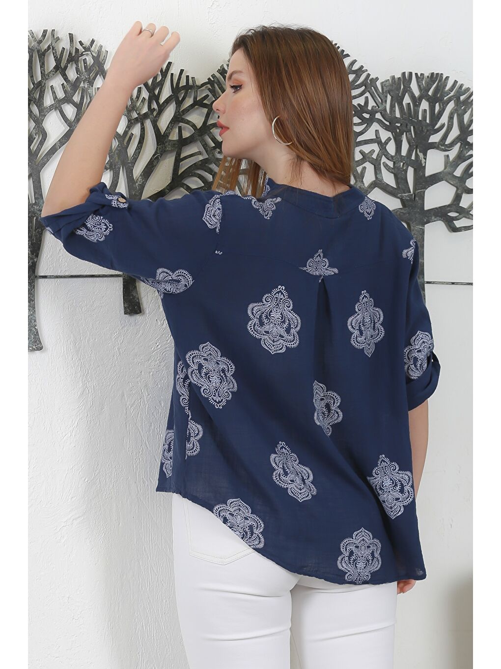 Yeşil İtalyan Açık Limon Hakim Yaka Düğmeli 3/4 Kol Desenli Düğmeli Cepli Keten Karışımlı Dokuma Bluz-7