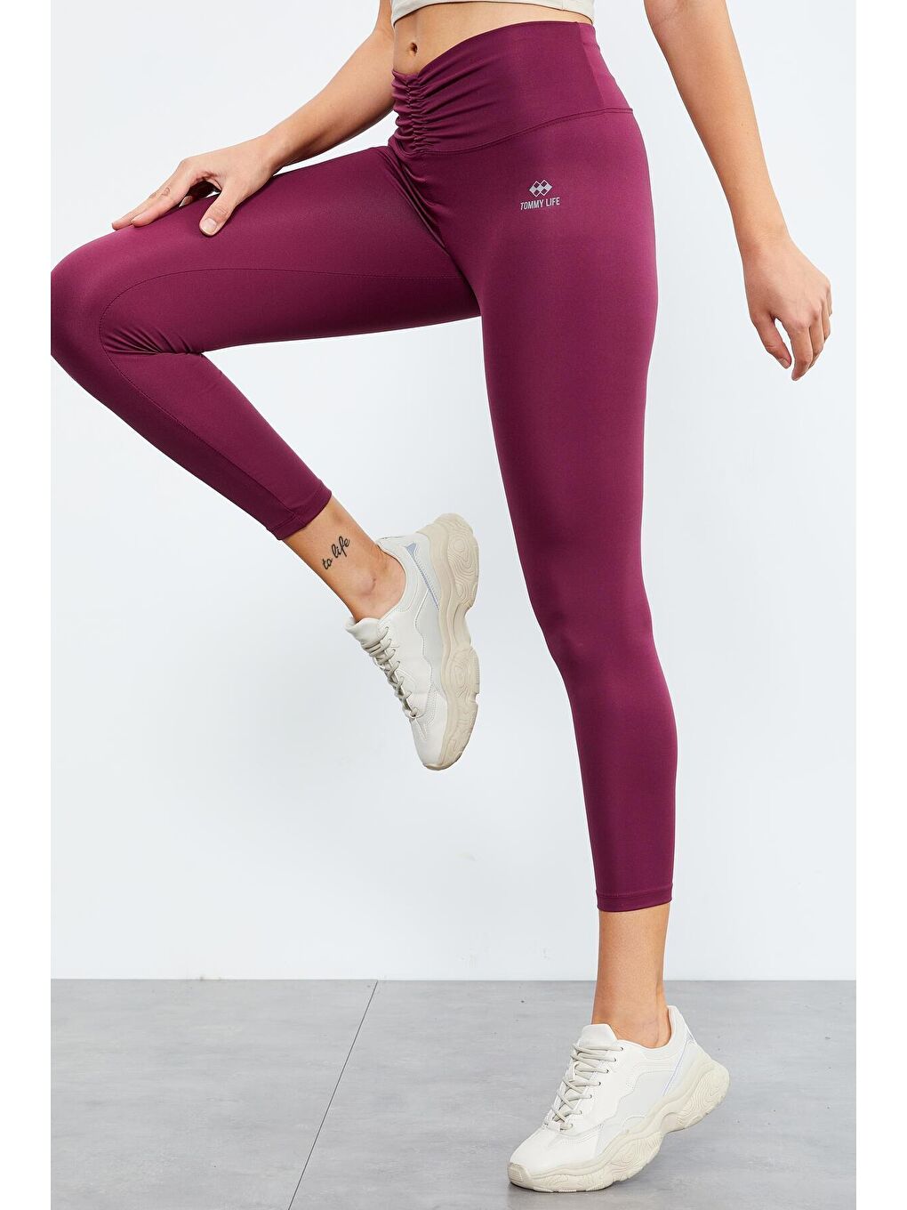 Bordo Beli Büzgülü Yüksek Bel Streç Slim Fit Kadın Tayt - 94605-3