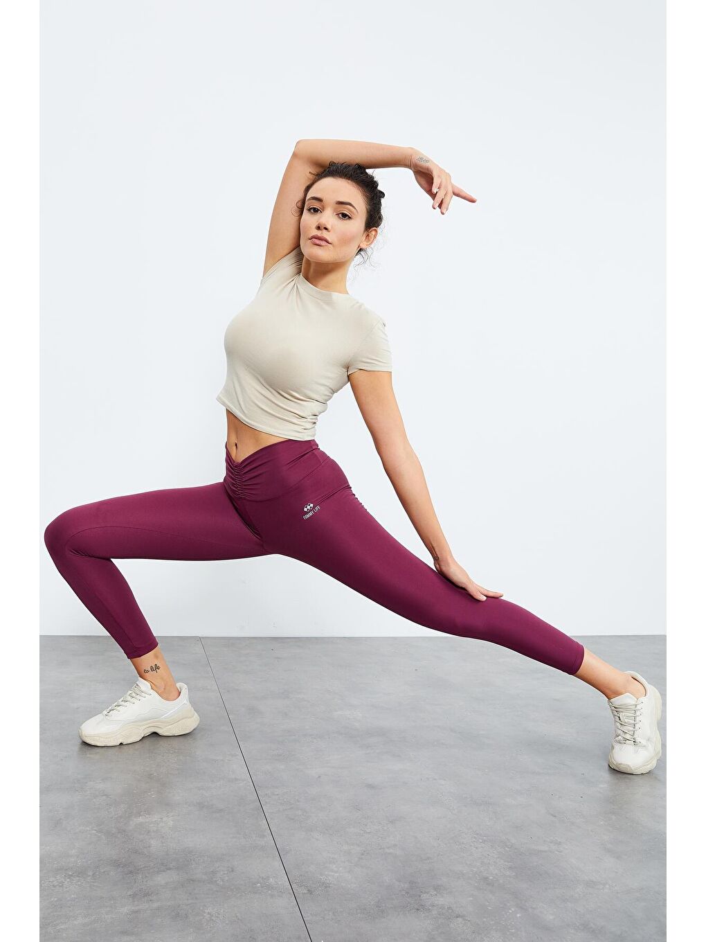 Bordo Beli Büzgülü Yüksek Bel Streç Slim Fit Kadın Tayt - 94605-4