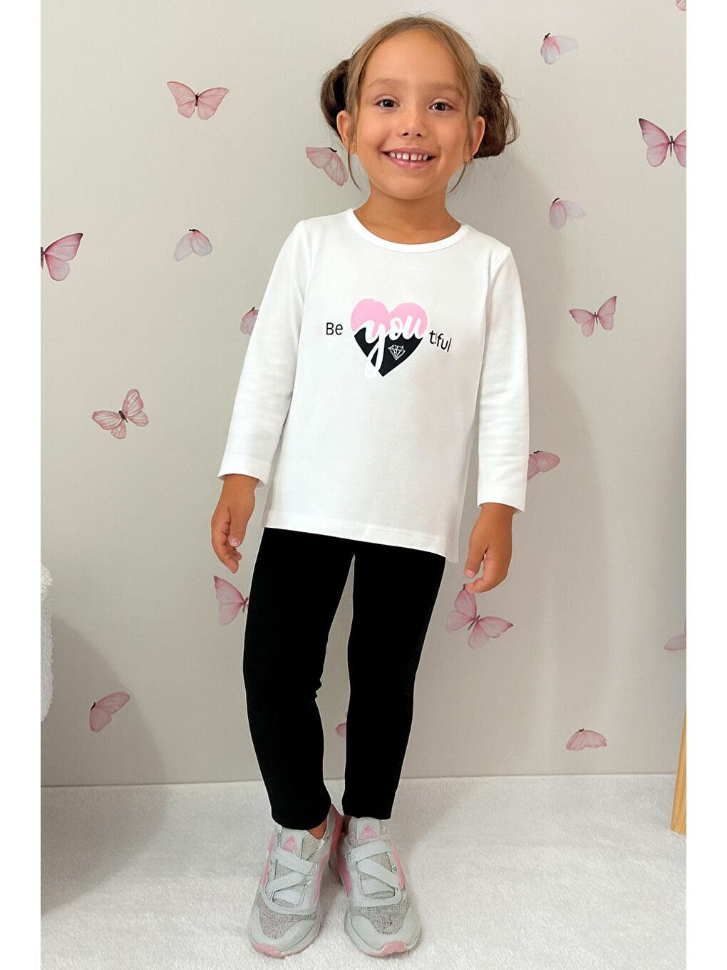 Kız Çocuk Taytlı Takım Yazı Baskılı Ekru (4-8 Yaş)