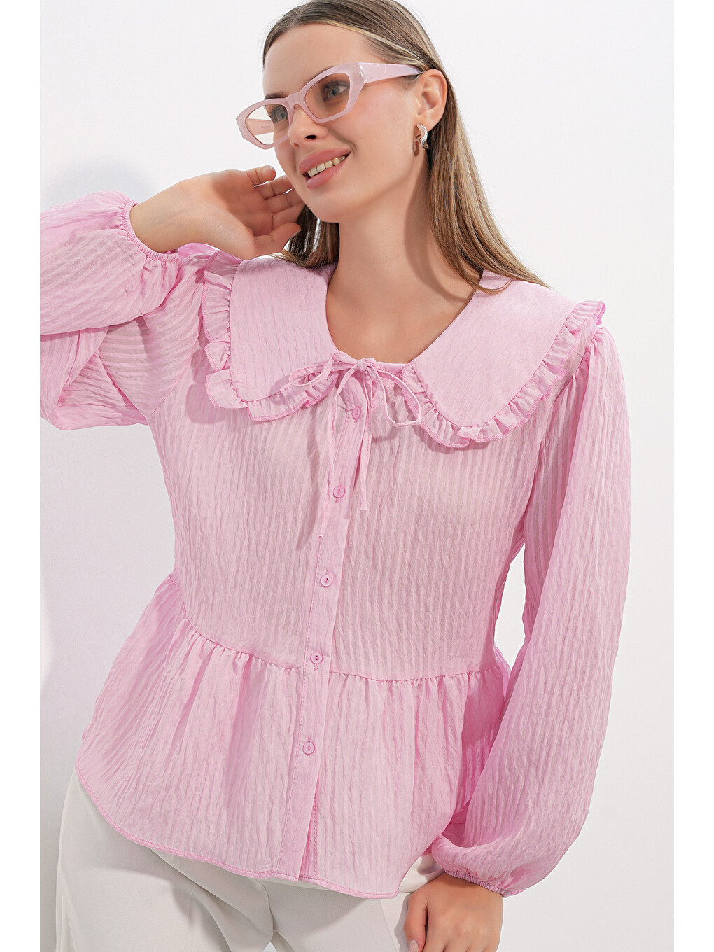 Kadın Bebe Yaka Gömlek Bluz 993 - Pembe-2