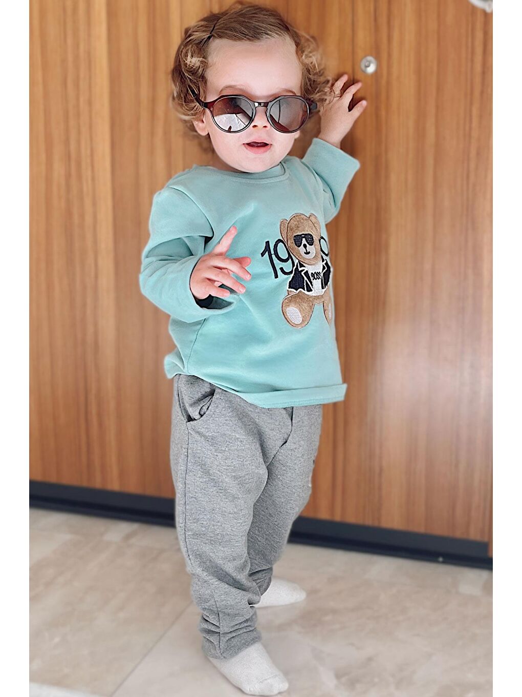Turkuaz Erkek Bebek Uzun Kollu Tişört Patron Ayıcık Nakışlı Su Yeşili (9 Ay-3 Yaş)