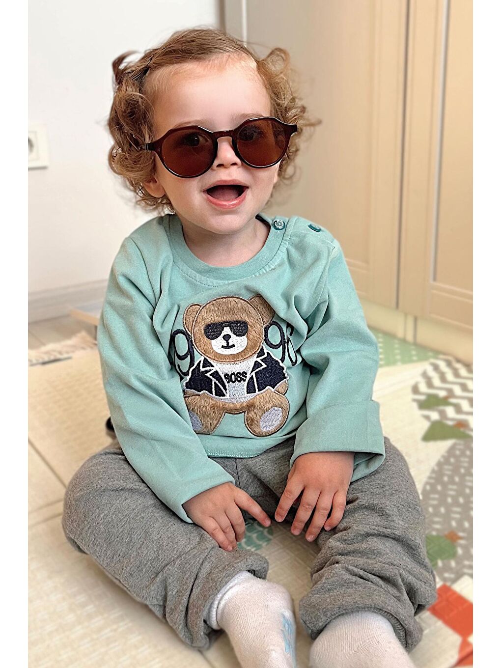 Turkuaz Erkek Bebek Uzun Kollu Tişört Patron Ayıcık Nakışlı Su Yeşili (9 Ay-3 Yaş)-1