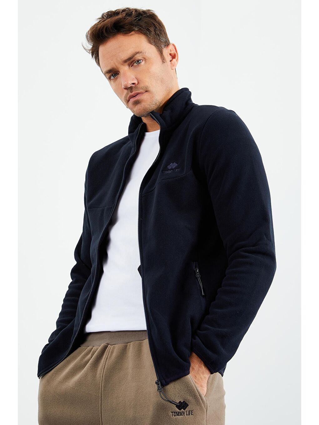 Lacivert  Erkek Fermuarlı Sweatshirt Hırka Slim Fit Dik Yaka Polar - 87270-2