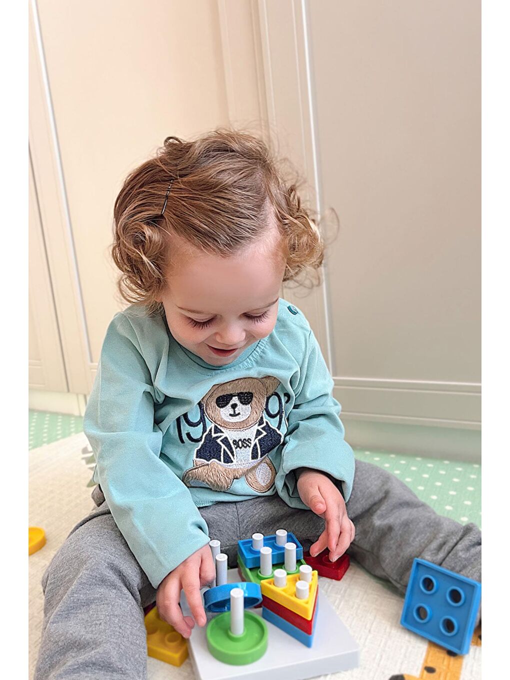Turkuaz Erkek Bebek Uzun Kollu Tişört Patron Ayıcık Nakışlı Su Yeşili (9 Ay-3 Yaş)-2