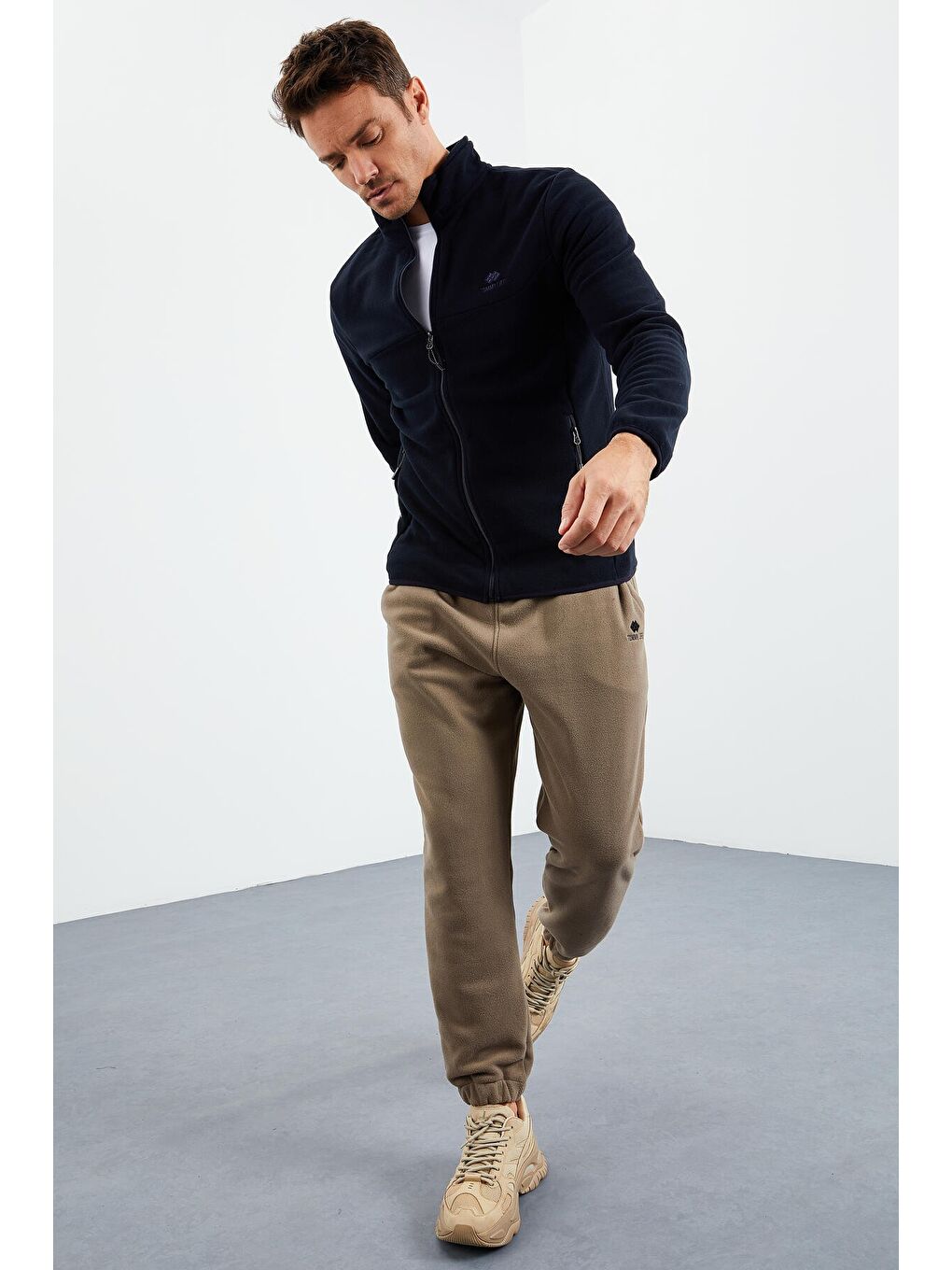 Lacivert  Erkek Fermuarlı Sweatshirt Hırka Slim Fit Dik Yaka Polar - 87270-3