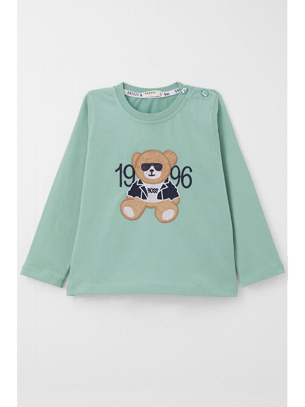 Turkuaz Erkek Bebek Uzun Kollu Tişört Patron Ayıcık Nakışlı Su Yeşili (9 Ay-3 Yaş)-3