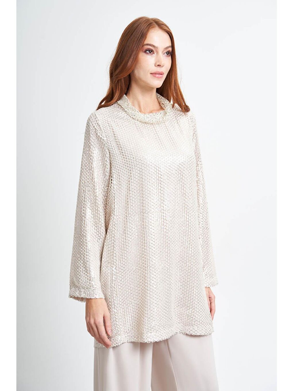 Bej File Taşlı Taş Tunik-1