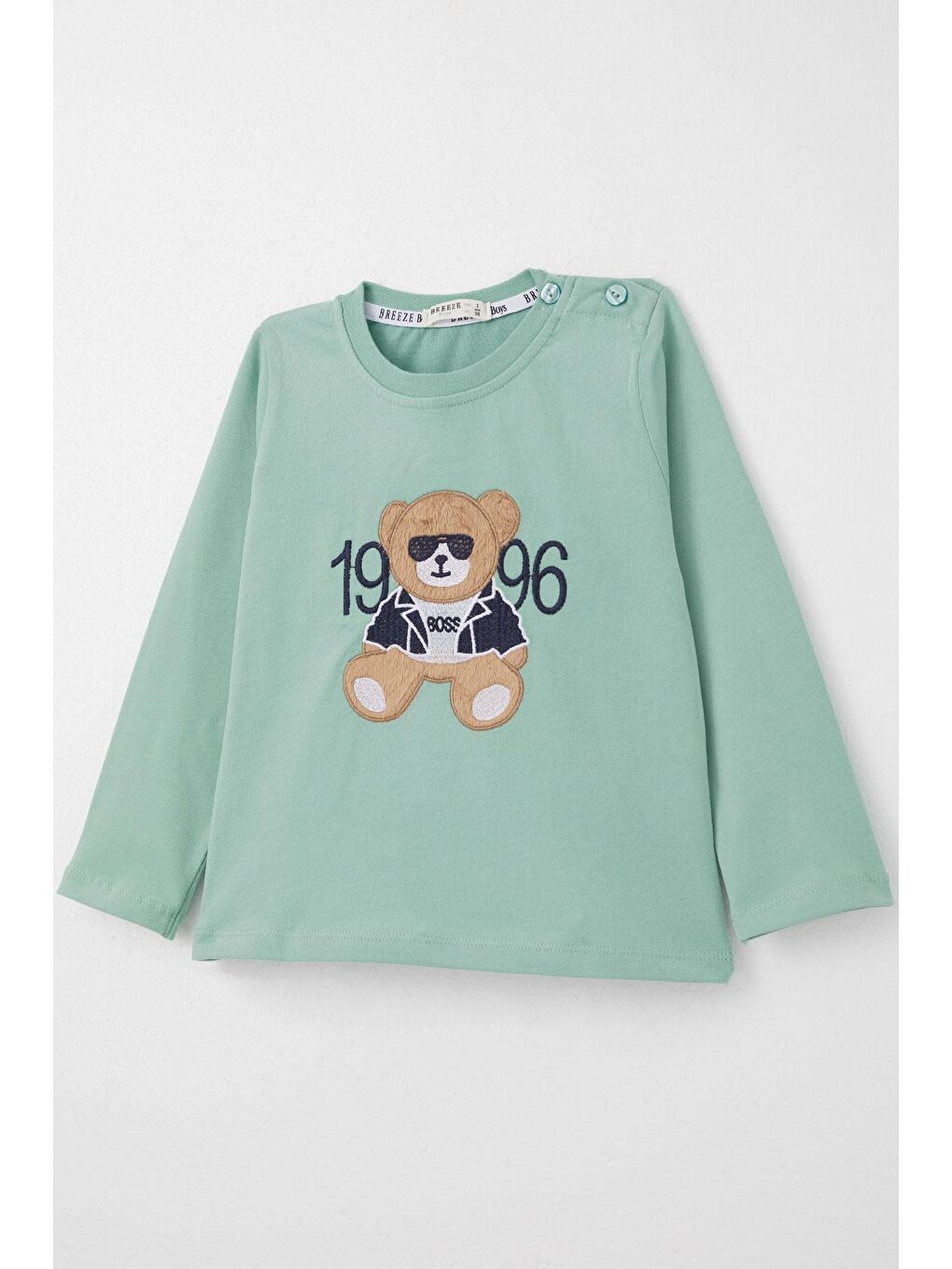 Turkuaz Erkek Bebek Uzun Kollu Tişört Patron Ayıcık Nakışlı Su Yeşili (9 Ay-3 Yaş)-5