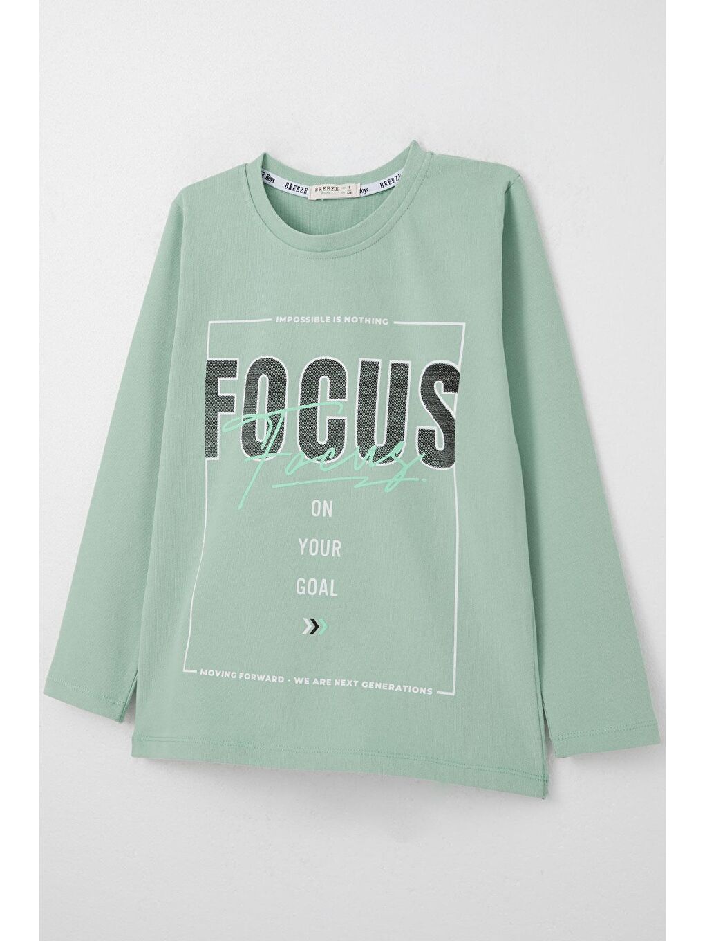 Turkuaz Erkek Çocuk Uzun Kollu Tişört Slogan Temalı Yazı Baskılı Su Yeşili (6-12 Yaş)-4