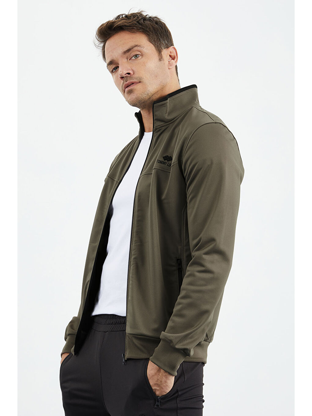 Sarı Camel - Siyah Dik Yaka Fermuarlı Standart Kalıp Klasik Paça Erkek Eşofman Takımı  - 85162-1