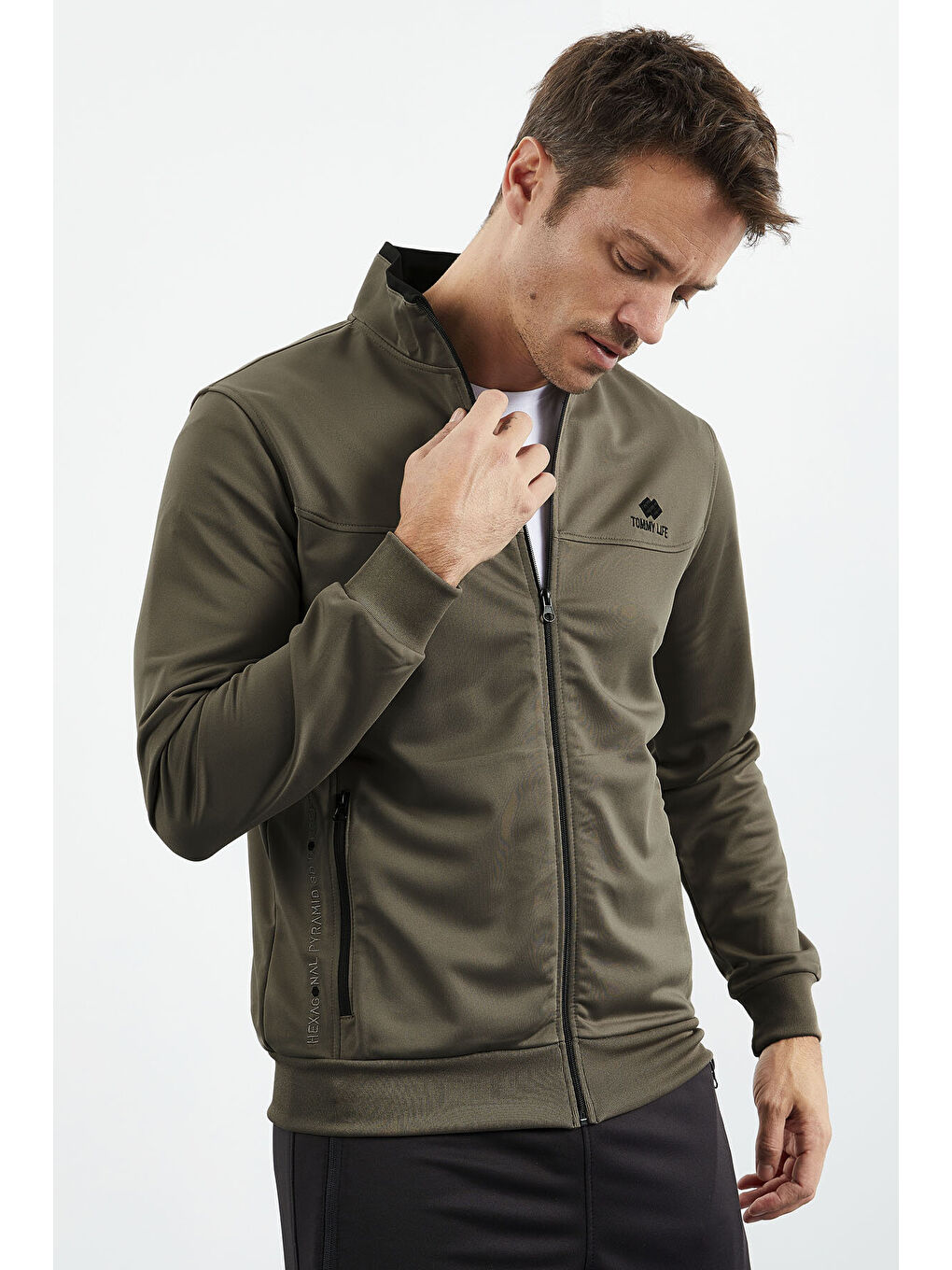 Sarı Camel - Siyah Dik Yaka Fermuarlı Standart Kalıp Klasik Paça Erkek Eşofman Takımı  - 85162-3