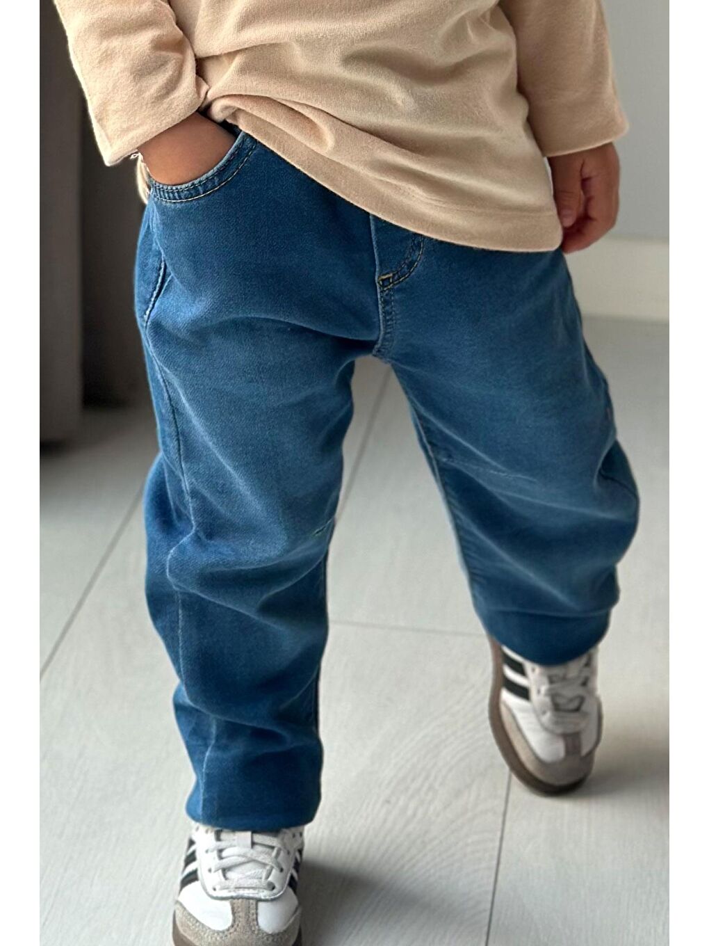 Erkek Çocuk Jean Pantolon Beli Paçası Lastikli Bağcıklı Mavi (1.5-5 Yaş)-1