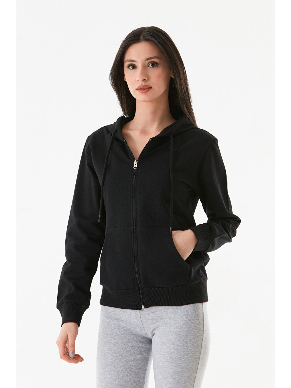 Siyah Kapüşonlu Fermuarlı Sweatshirt-6