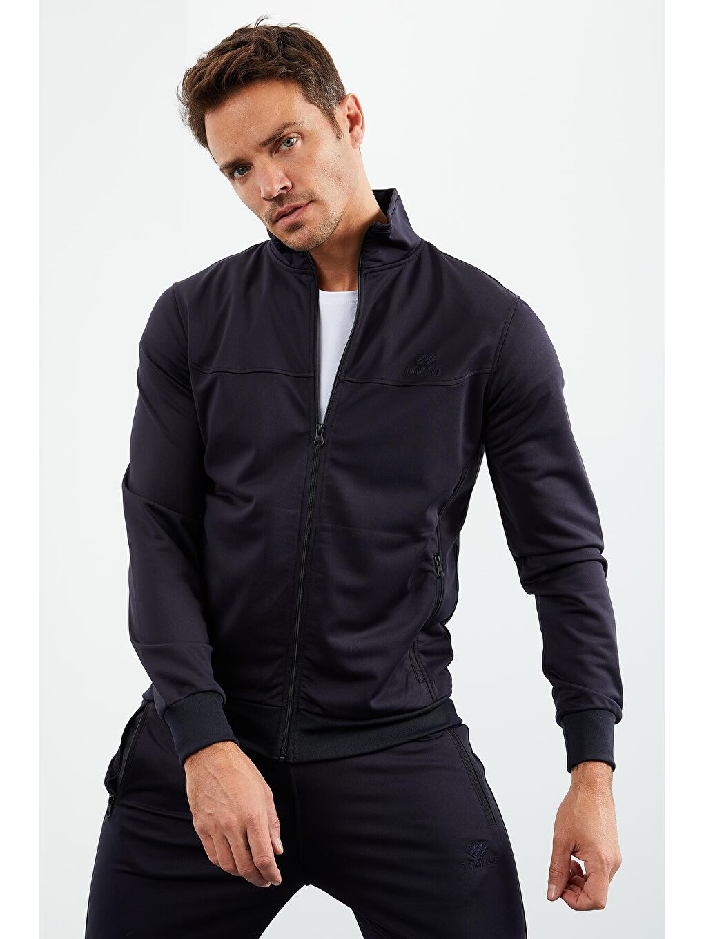 Lacivert Dik Yaka Fermuarlı Standart Kalıp Klasik Paça Erkek Eşofman Takımı  - 85162-2