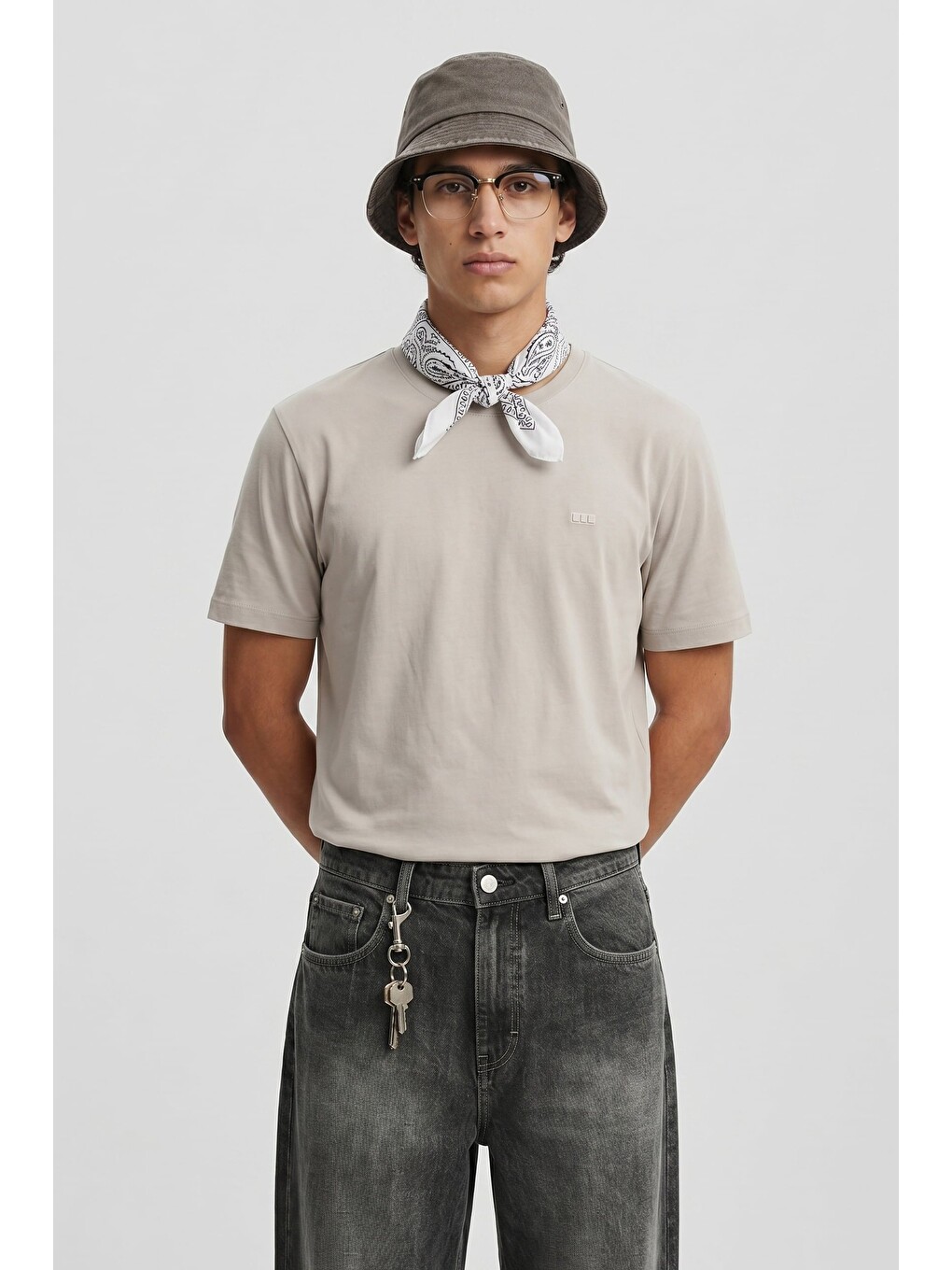 Gri Erkek Slim Fit Bisiklet Yaka Basic Tişört Taş Rengi-2