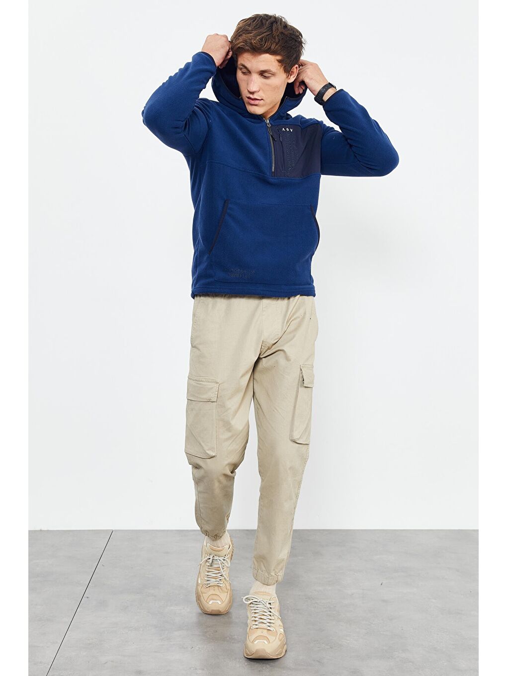 İndigo Nakışlı Yarım Fermuar Kapüşonlu Standart Kalıp Erkek Polar Sweatshirt - 87996-1