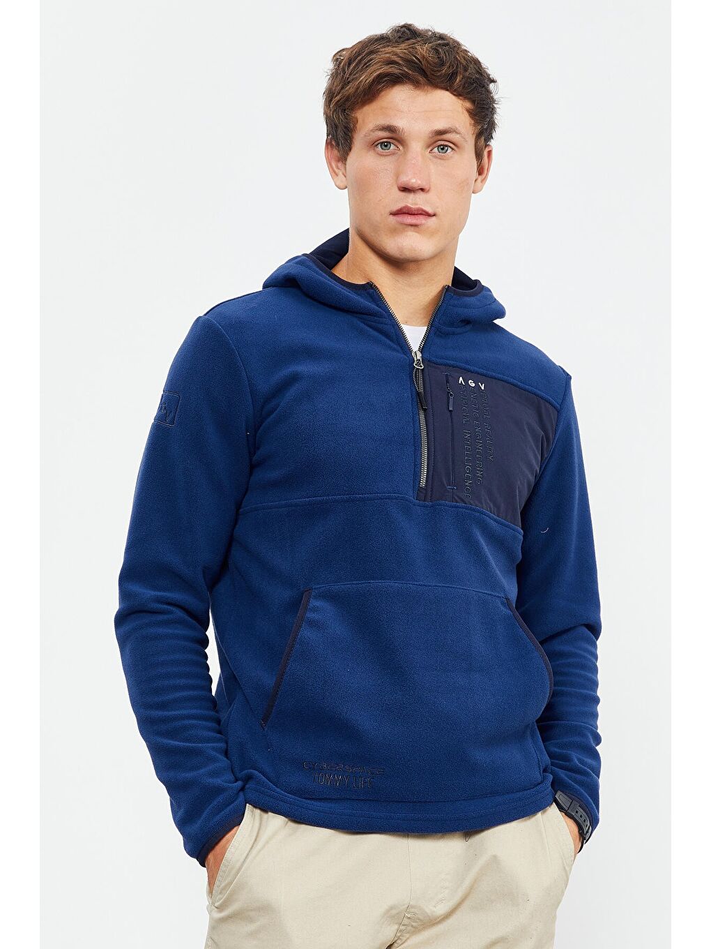 İndigo Nakışlı Yarım Fermuar Kapüşonlu Standart Kalıp Erkek Polar Sweatshirt - 87996-2