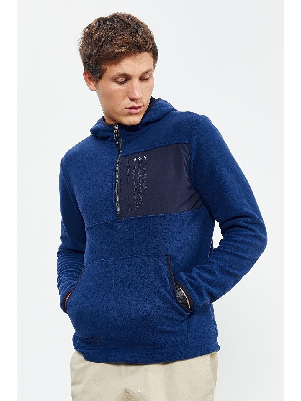 İndigo Nakışlı Yarım Fermuar Kapüşonlu Standart Kalıp Erkek Polar Sweatshirt - 87996-4