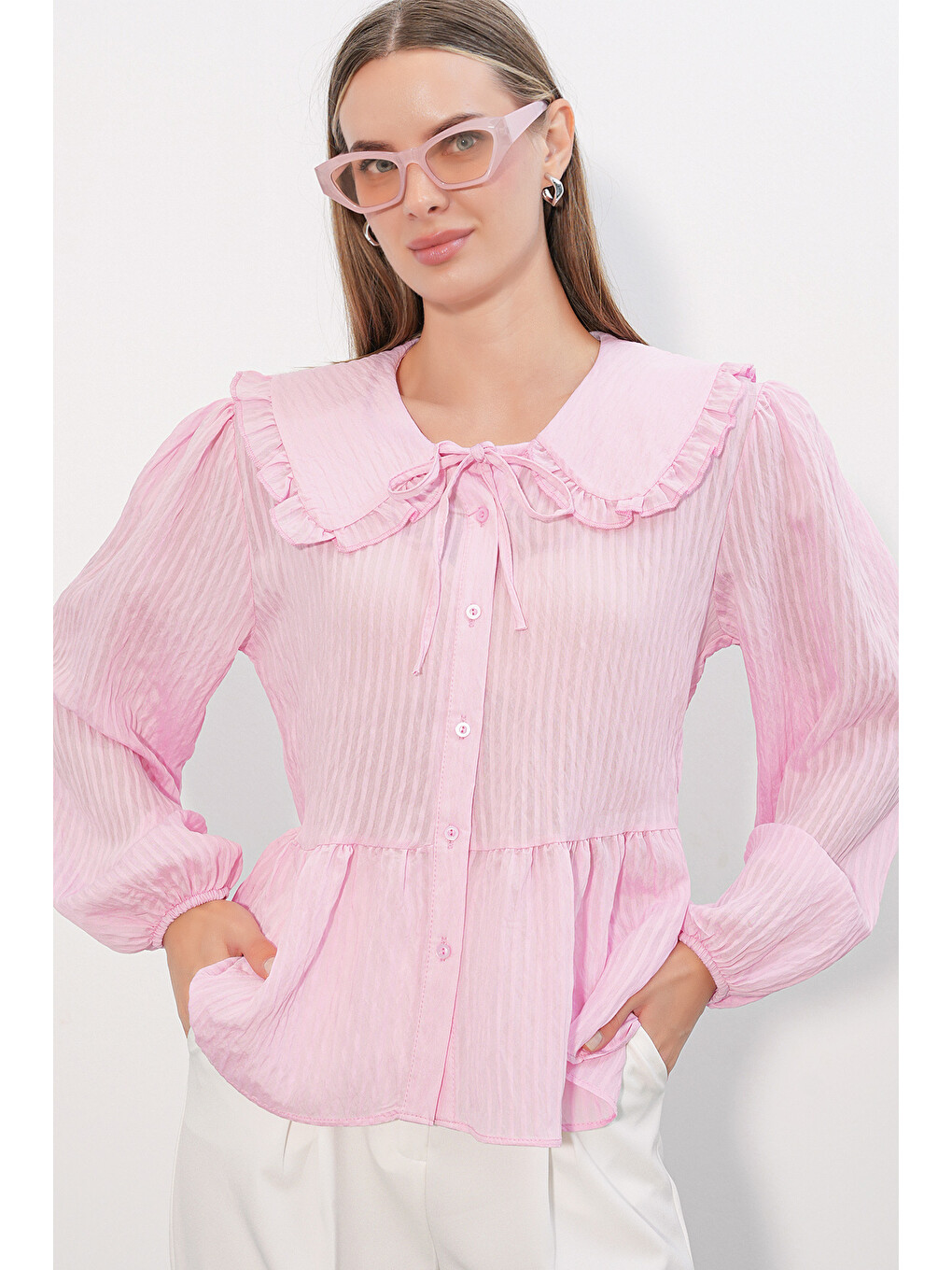 Kadın Bebe Yaka Gömlek Bluz 993 - Pembe-3