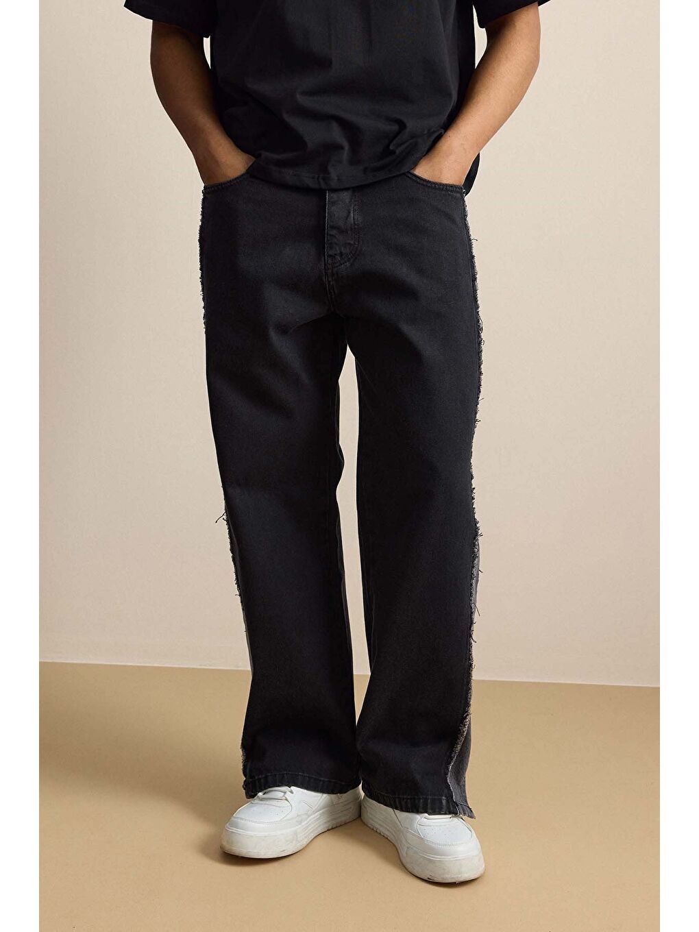 Erkek Süper Baggy Yan Panel Detaylı Jean Pantolon Siyah-2