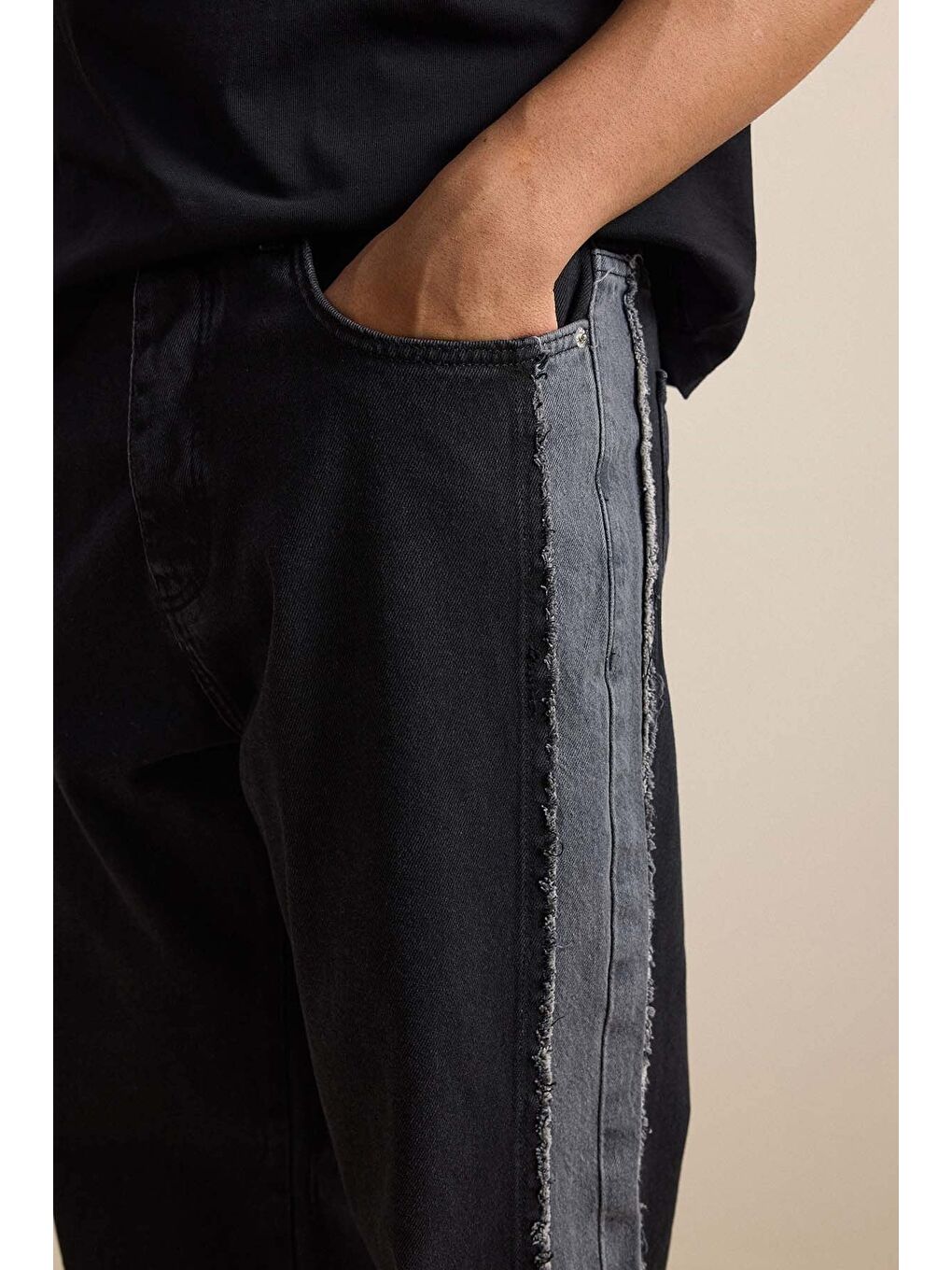 Erkek Süper Baggy Yan Panel Detaylı Jean Pantolon Siyah-3
