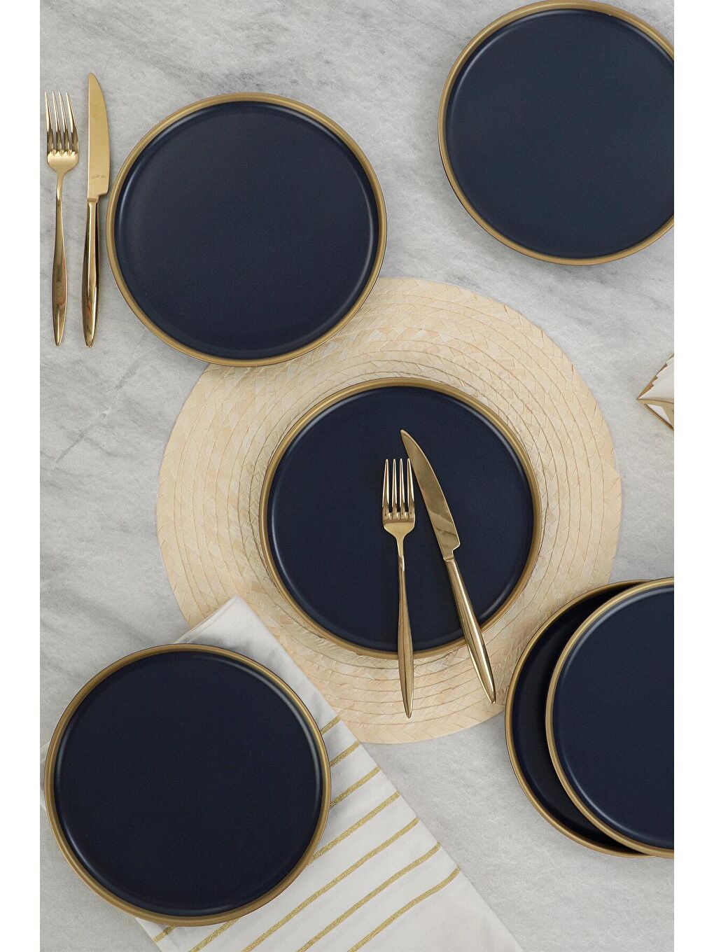 Keramika Koyu Lacivert Mat Lacivert  Gold File Nordic Pasta Tabağı 22 cm 6 Adet - 1