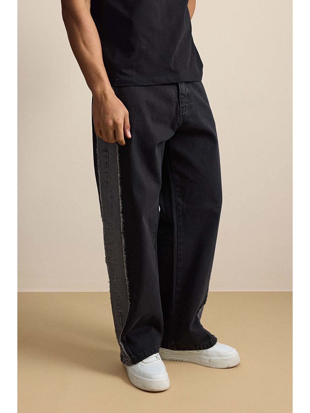 Erkek Süper Baggy Yan Panel Detaylı Jean Pantolon Siyah-4