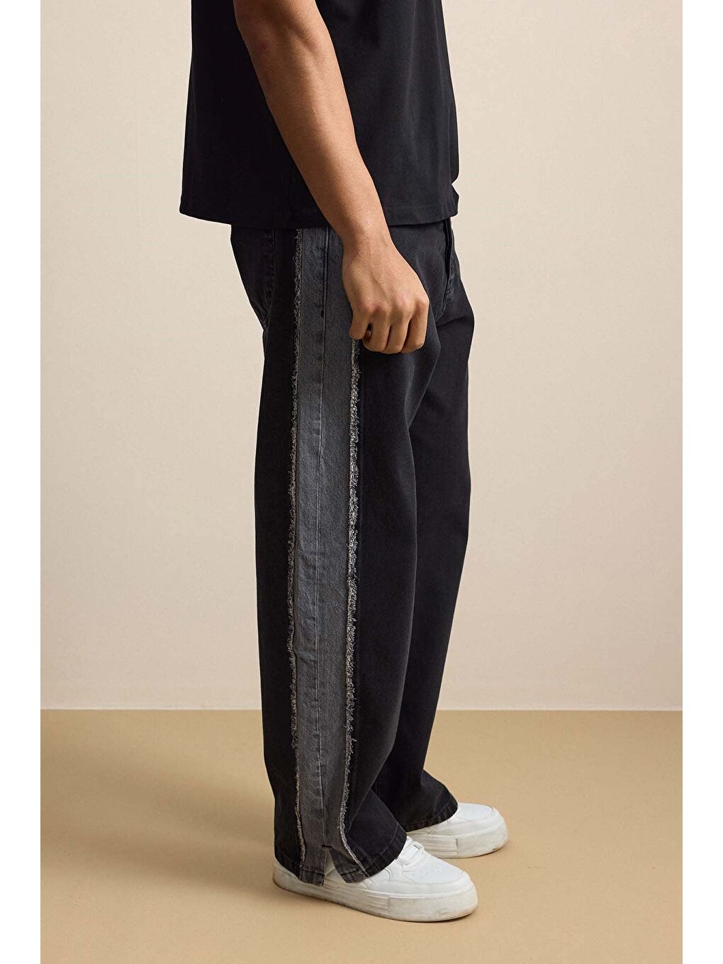 Erkek Süper Baggy Yan Panel Detaylı Jean Pantolon Siyah-5