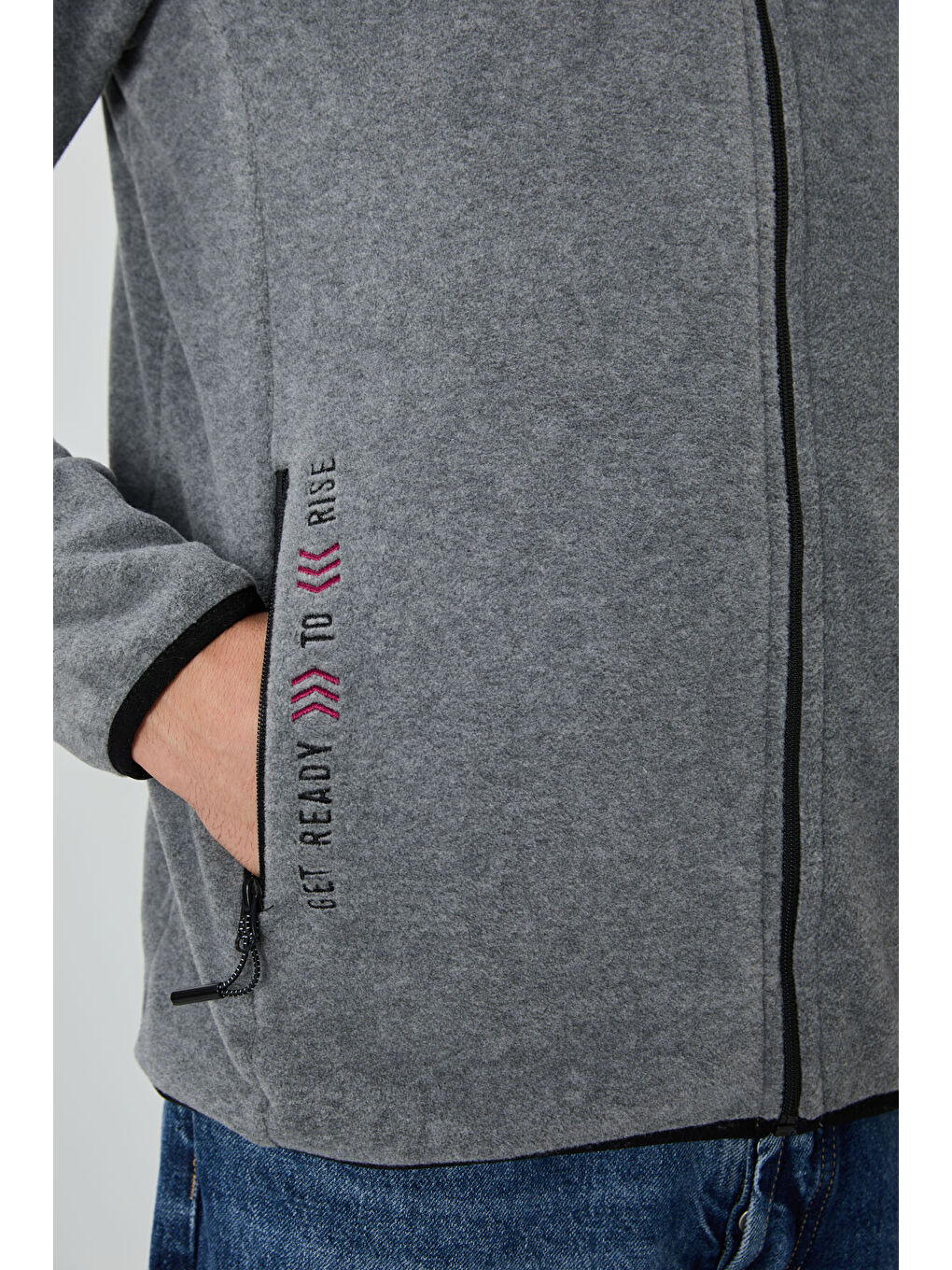 Gri Melanj Yazı Nakışlı Dik Yaka  Standart Kalıp Erkek Fermuarlı Sweatshirt Polar - 87992-3