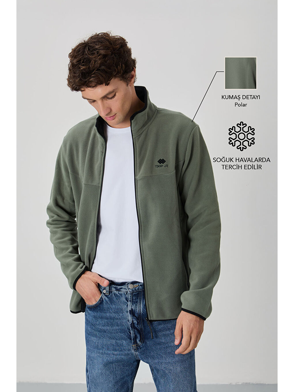 Haki Çağla Yazı Nakışlı Dik Yaka  Standart Kalıp Erkek Fermuarlı Sweatshirt Polar - 87992-1