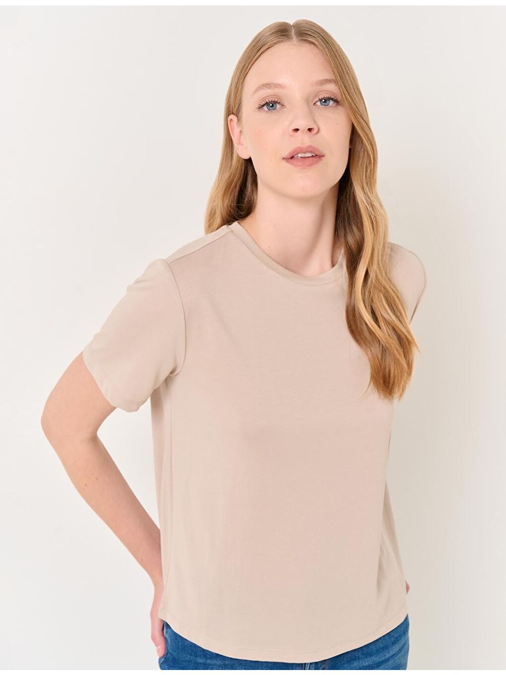 Bej Vizon Düz Kesim Bisiklet Yaka Kısa Kollu Basic Tişört-3