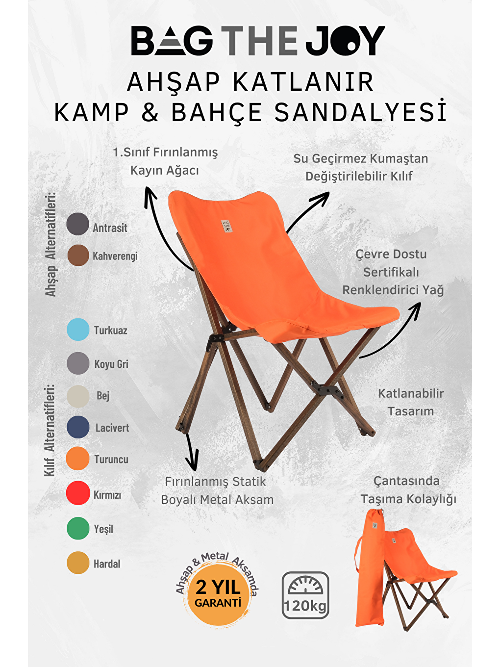 Bag The Joy Turuncu Antrasit İskelet – Turuncu Kılıf Ahşap Katlanır Kamp & Bahçe Sandalyesi - 4