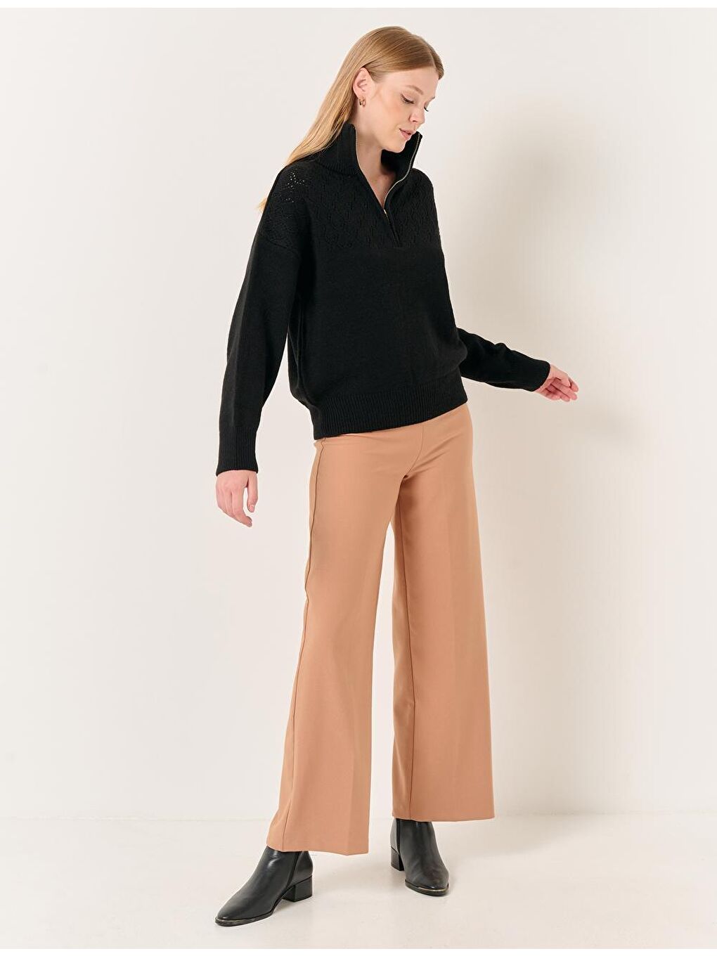 Bej Deve Tüyü Yüksek Bel Bol Paça Pantolon