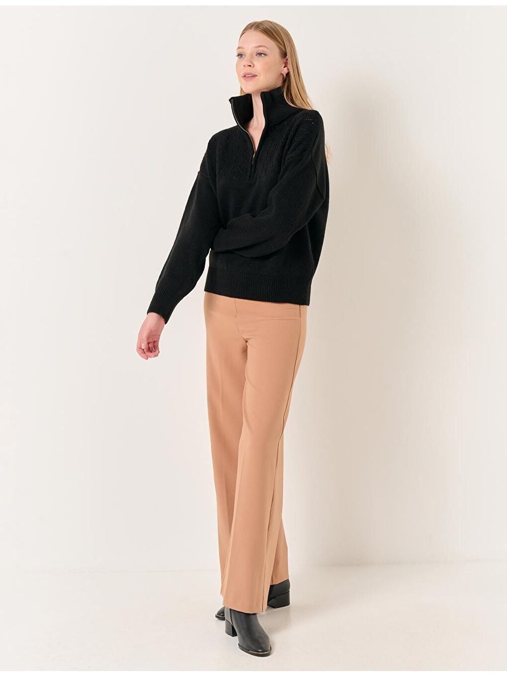 Bej Deve Tüyü Yüksek Bel Bol Paça Pantolon-2