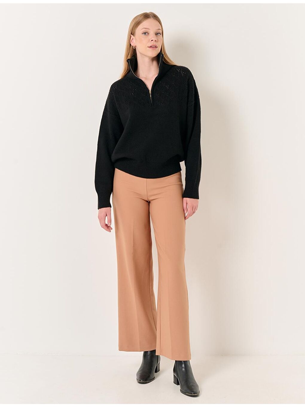 Bej Deve Tüyü Yüksek Bel Bol Paça Pantolon-3