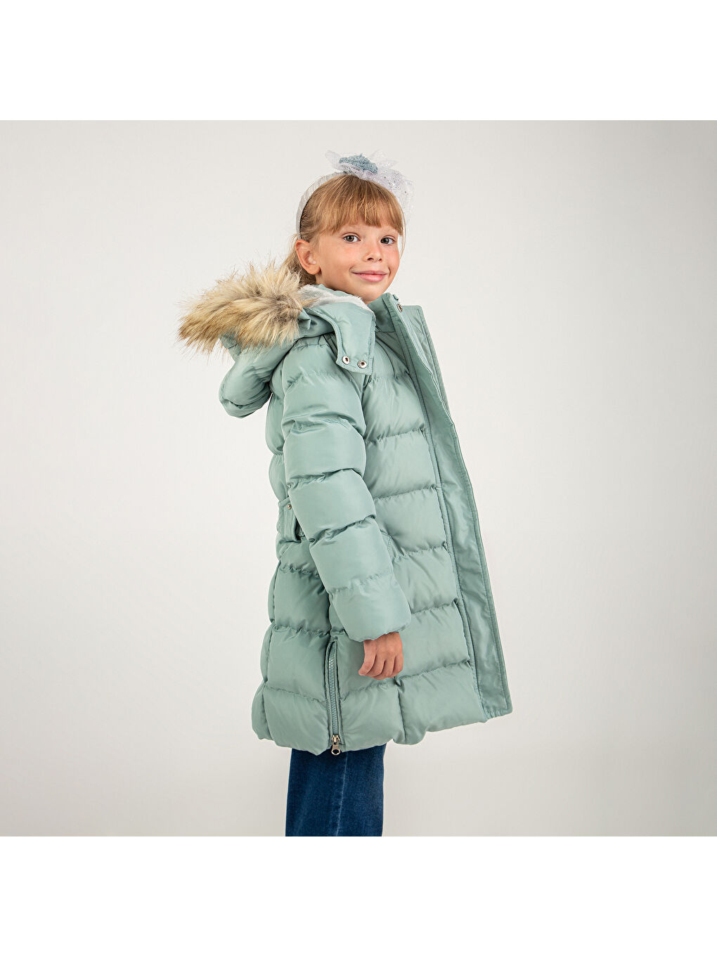 Yeşil Kız Çocuk Kapüşonlu Uzun Kaban-2