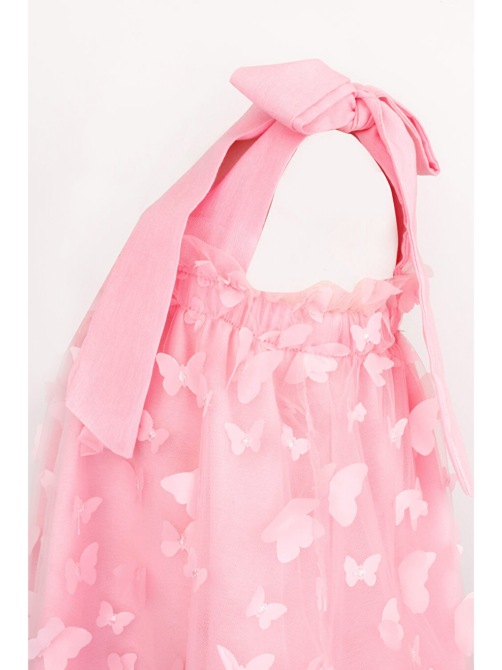 Pembe  Omuzdan Bağlamalı Kelebek Aplikeli Kız Çocuk Elbise - Nikki-4