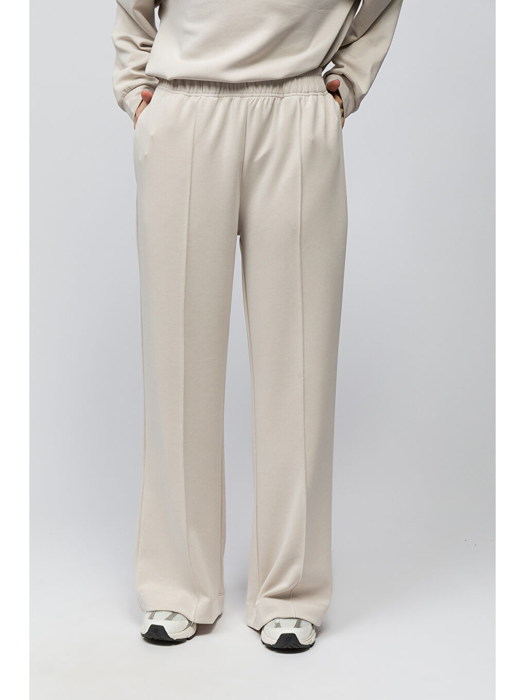 Bej Molise   Rahat Kalıp Önü Çizgi Nervürlü Dikiş Beli Lastikli  Modal Pantolon   Taş Renk-2