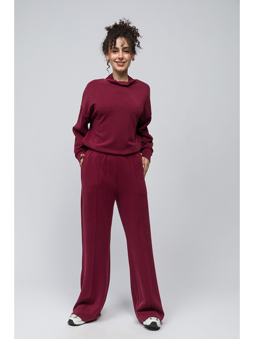 Molise   Rahat Kalıp Önü Çizgi Nervürlü Dikiş Beli Lastikli  Modal Pantolon   Bordo Renk-1