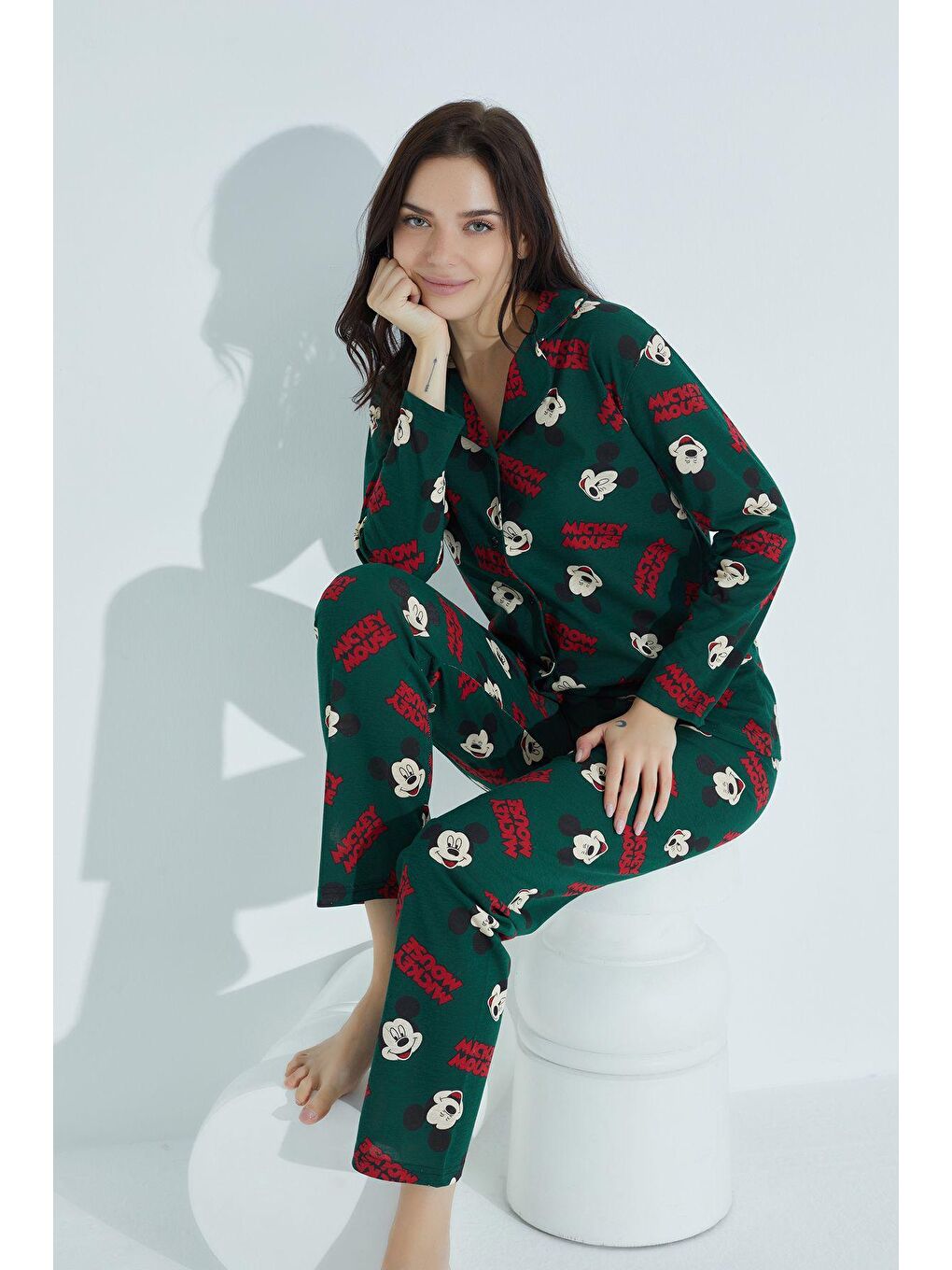 Yeşil Pamuklu Düğmeli Pijama Takim 451 -57