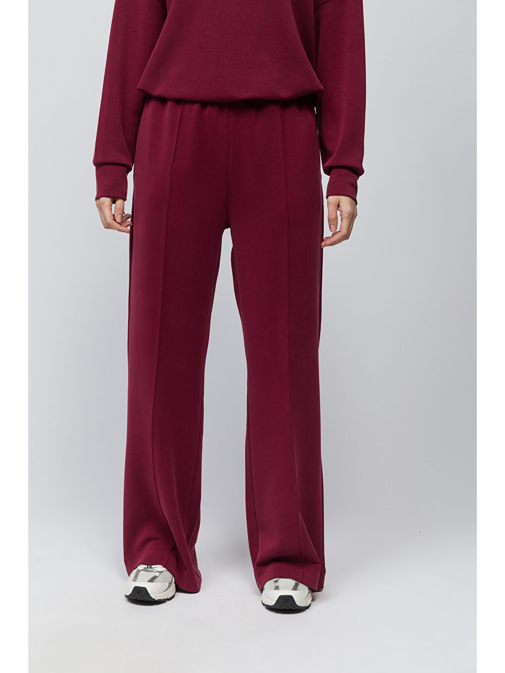 Molise   Rahat Kalıp Önü Çizgi Nervürlü Dikiş Beli Lastikli  Modal Pantolon   Bordo Renk-3