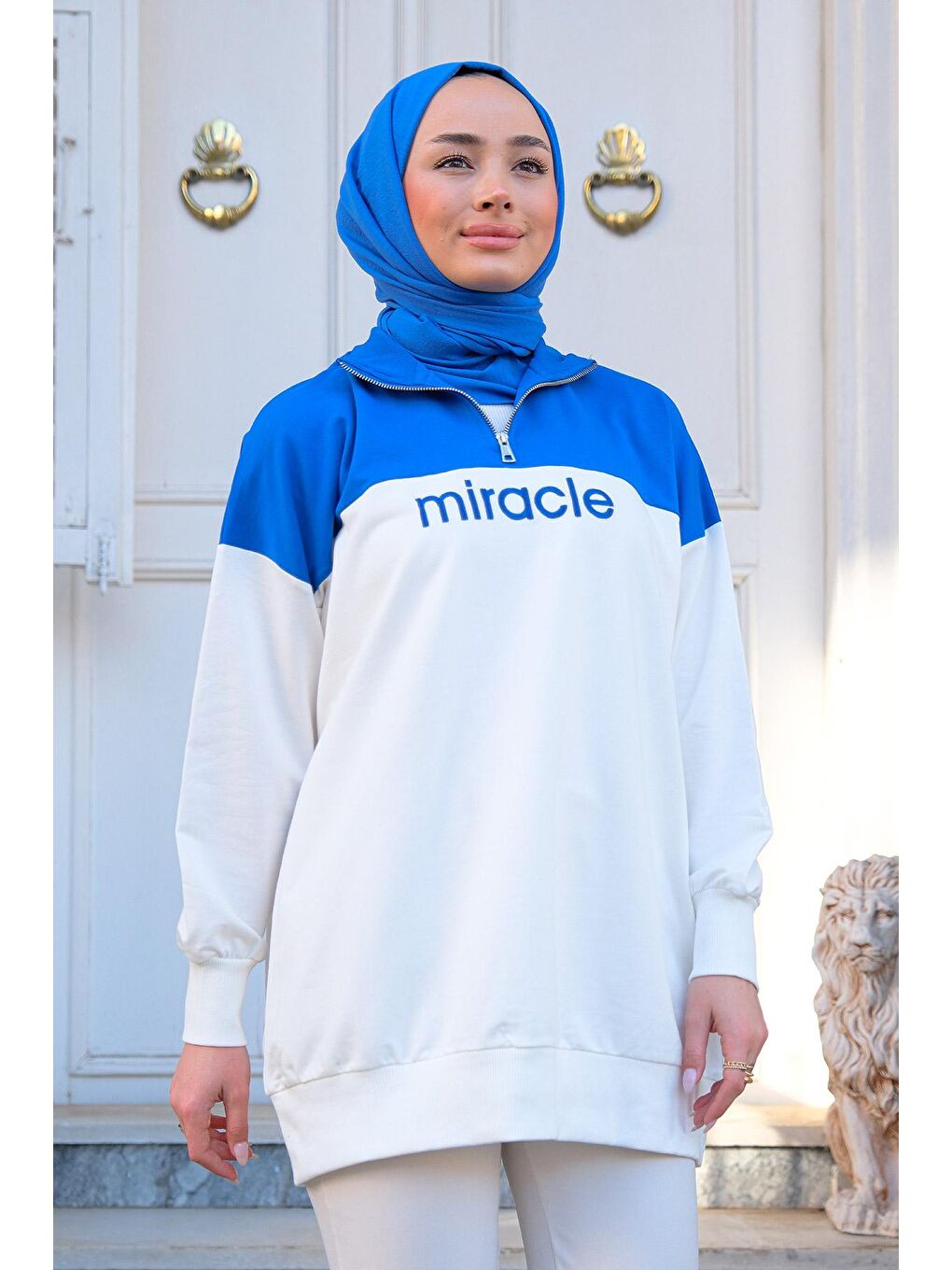 Kadın Yazı Nakışlı Sweat Mavi-2