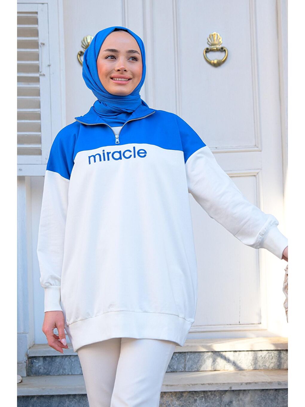 Kadın Yazı Nakışlı Sweat Mavi-4