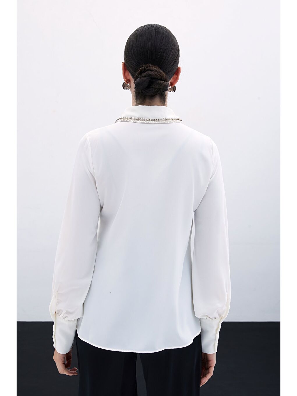 Yaka İşlemeli Gömlek - Ekru-6