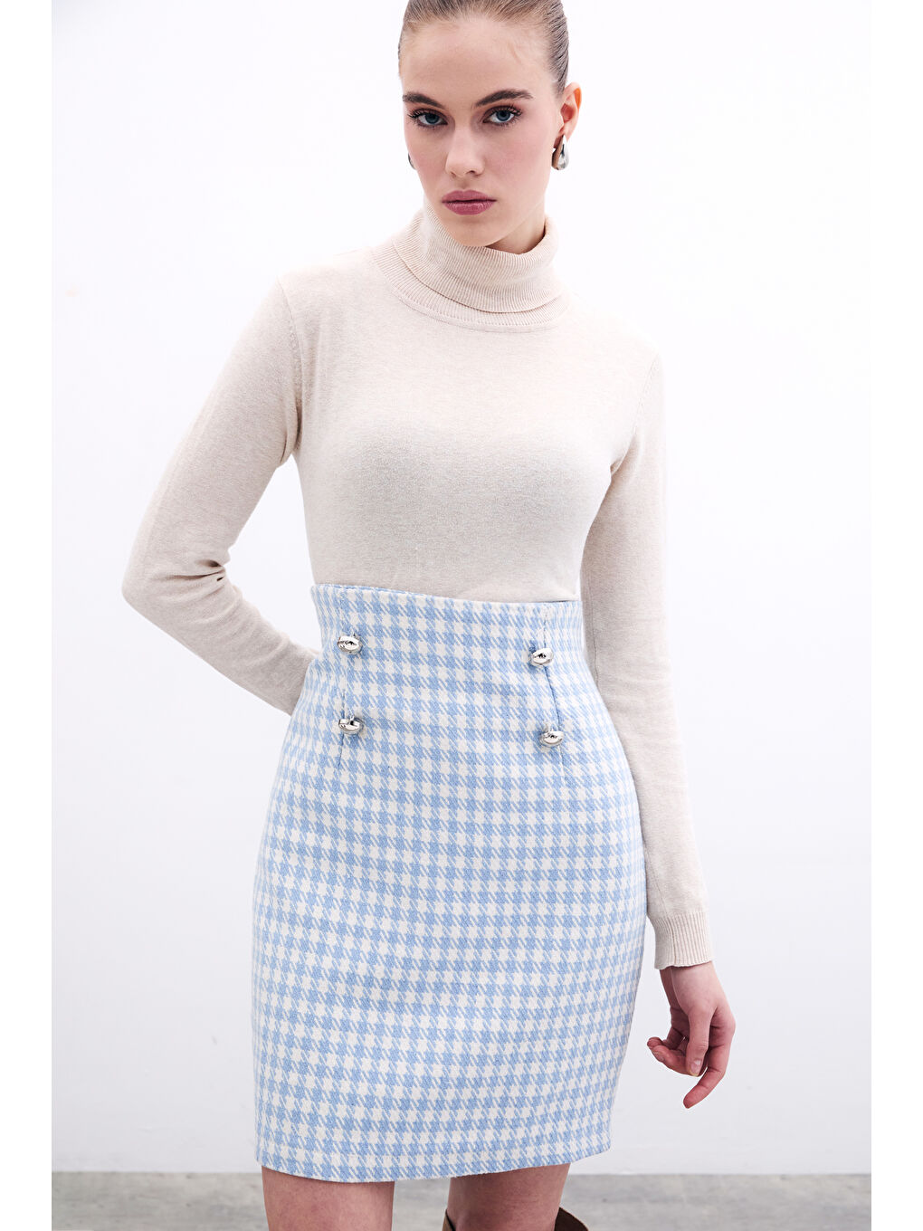 SATEEN Kazayağı Desenli Mini Etek - Mavi - 4