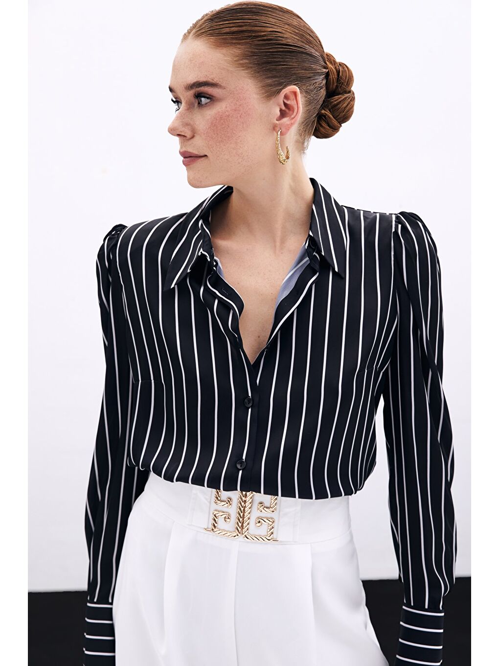 Vatkalı Çizgili Gömlek - Siyah-1